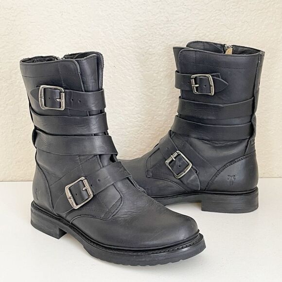 FRYE Veronica black leather combat Tanker Moto Boot 7 - Picture 6 of 17